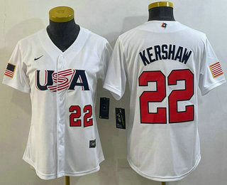 Women%27s USA Baseball #22 Clayton Kershaw Number 2023 White World Classic Stitched Jerseys